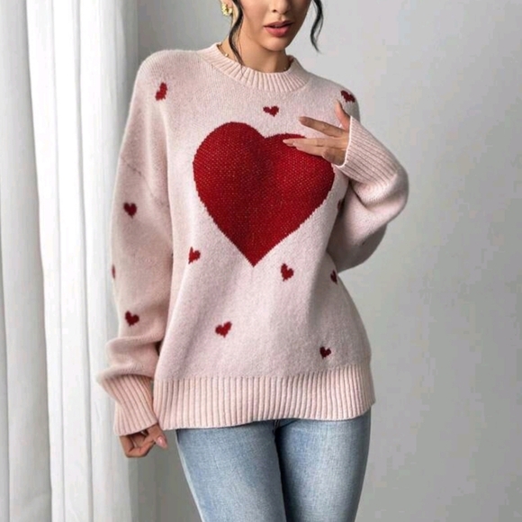 Heart Pattern Casual Crew Neck Sweater, Autumn/Winter - Picture 3 of 4